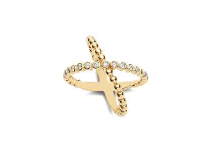 X Shape CZ Studded Beaded Ring with Gold Plated